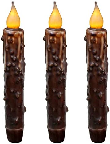 CVHOMEDECO. Real Wax Hand Dipped Battery Operated LED Timer Taper Candles Country Primitive Flameless Lights Décor, 6-3/4 Inch, Brown, 3 PCS in a Package by CVHOMEDECO