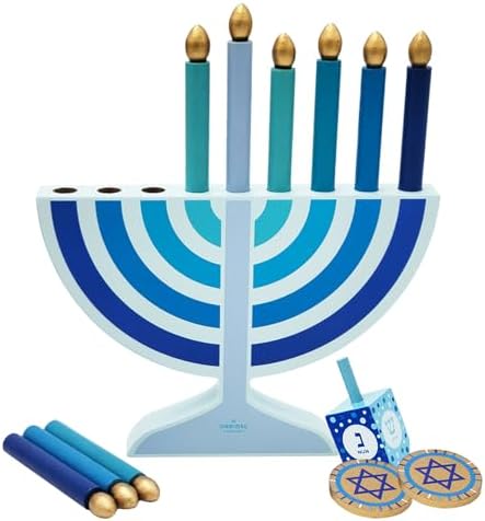 Mini Blue Hanukkah Menorah, 4-Pack 5" Inch Children Wooden Chanukah Menorah Set with Removable Wooden Candles, 3" Inch Dreidel, and Gelt Coins - Image 7