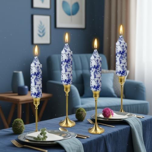 5 Inch Blue and White Tapered Candles Short Floral Candlesticks Hand Poured Unscented Smokeless Porcelain Candles for Dining Everyday Meals Family Dinner Elegance Blue White Porcelain Style - Image 4