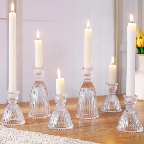 6 Pcs Clear Glass Candlestick Holders (3.5"/6", Assorted)- Tall Taper Candle Holders with Vintage Design, Candle Stick Holders in Bulk for Party Decorations, Glass Candle Holder for Tapered Candles by LAMORGIFT