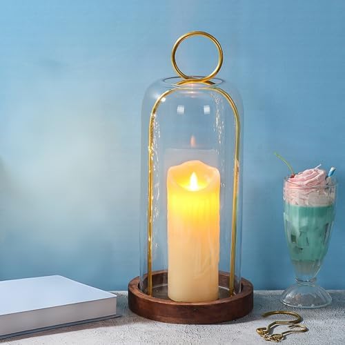 16" High Versatile Vintage Brass Metal Candle Holder with Handmade Sturdy Glass Dome and Natural Wooden Base for Pillar Candle & Plants, Industrial, Farmhouse, Shabby Chic, Display Cloche Bell Jars - Image 3
