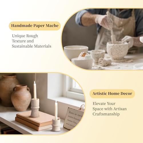 Romadedi Beige Paper Mache Taper Candle Holders, Set of 2 - Image 4