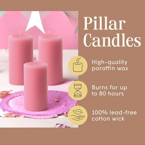 Mister Candle Dripless Unscented Pillar Candles, Set of 3 Hand Poured Pink Pillar Candles, Solid Color Non-Scented Candles for Home Decor, Premium Wax, 80 Hr Burn Time, 3x6 Inch - Image 3