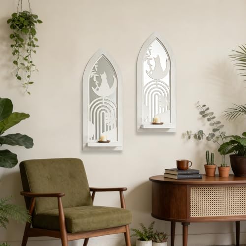 ZEXUIRU 2 Set Rustic Candle Sconces Living Room Bedroom Entryway Wood Mirrored, Farmhouse, Carved Frame Wall-Mount Wooden Candle Holders Wall Decor Hanging Handmade Holder - Distressed White - Image 2