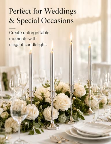 12 Pack Unscented Metallic Silver Taper Candles, Dripless Smokeless - Image 4