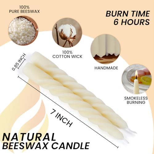 2PCS 7-Inch Pure Beeswax Spiral Taper Candles, Cream White, Dripless - Image 3