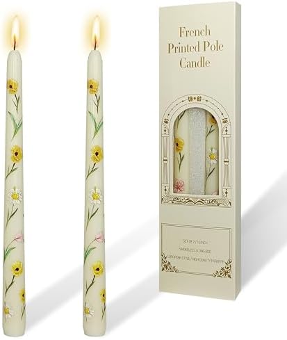 Print Taper Candles - 2PCS Ivory Mixed Flower Candle Long Candle Sticks Flower Tapered Candles for Coworkers Home Decoration Wedding Women(10 Inch) by YUKCAXDLS