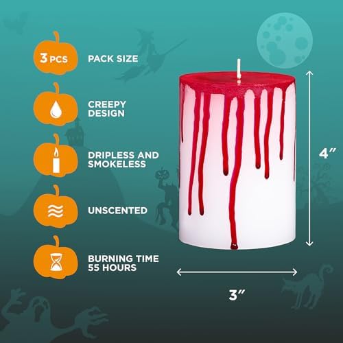 CANDWAX 3x4 inch Pillar Candles Set of 3 – Unscented Dripless Rustic Bloody Candles for Halloween Decor, Parties, Modern Styling - Image 2