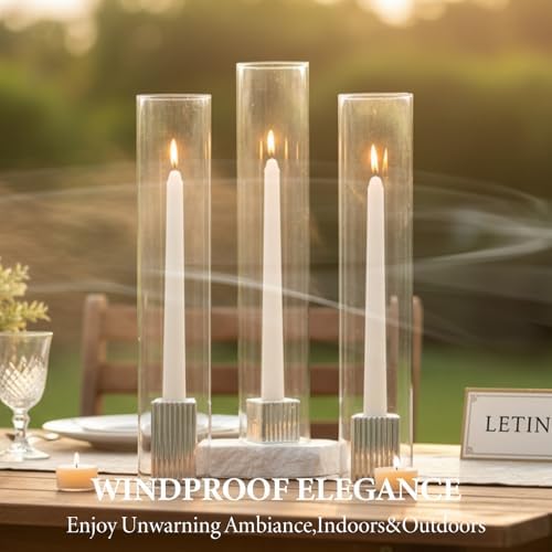 LETINE Hurricane Candle Holders with Silver Ribbed Taper Candle Holders Set of 9 (14")– Bulk Windproof Taper Candle Hurricane Glass for Outdoor&Indoors Wedding Centerpiece, Event & Home Decor - Image 4
