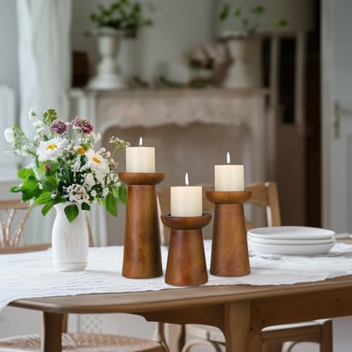 Pillar Candle Holders Set of 3， Wooden Candle Holders， Decorative Wood Candlestick Holders for Living Room, Table Centerpiece for Wedding, Christmas, Party, Home - 6", 8", 10" - Image 6