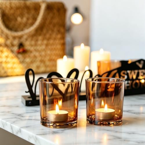 Amber Glass Candle Holder with Farmhouse Wood Tray, Sweet Home Tealight Holder Centerpiece for Dining Table, Rustic Metal Sign Votive Tray for Fireplace Mantel Living Room Decor Housewarming Gift - Image 5