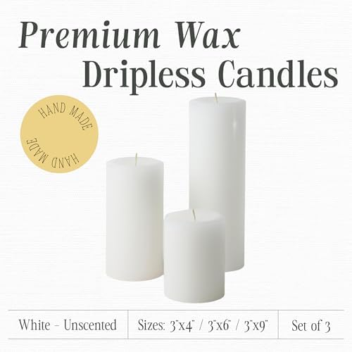 Mister Candle White Unscented Dripless Pillar Candles Set of 3, 3 Inch Diameter, Hand Poured, Premium Wax, Decorative Pillar Candles (3" x 4", 3" x 6", and 3" x 9", White) - Image 2