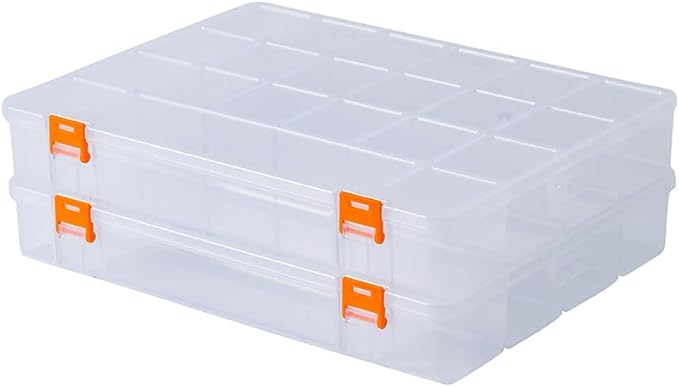 2 Pack Fixed 21 Grids Large Clear Plastic Storage Box, Transparent Organizer Container Case for Small Parts, Bead, Button, Jewelry, Diamond, Craft Supplies,Sewing Kit, DIY Accessories