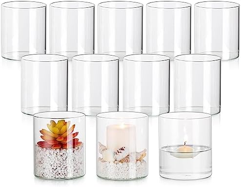 Glasseam Glass Hurricane Candle Holder Set of 12, Cylinder Pillar Candle Holders for Table, Modern Floating Candle Decorations, Clear Glass Cylinder Vase for Centerpieces Wedding Dining Table, 4inch by Glasseam