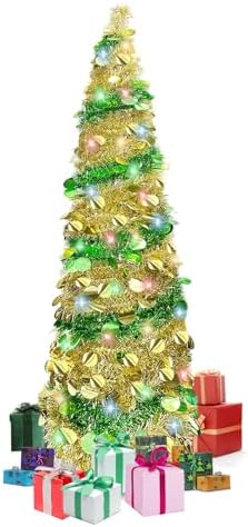 Pop Up Christmas Tree, 5FT Collapsible Artificial Christmas Tree with 90 LED Lights, Tinsel Small Pencil Christmas Tree for Home Holiday Fireplace Party Indoor Outdoor Xmas Decorations (Gold-Green) by BTU