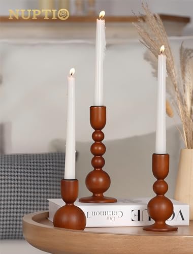 NUPTIO Wooden Taper Candle Holders, Set of 3 Brown Candlesticks - Image 5