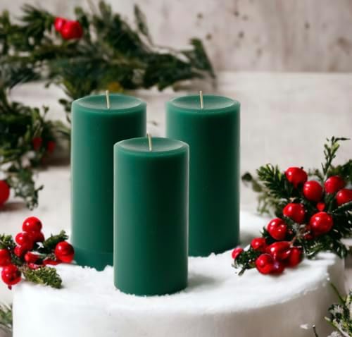 Mister Candle Dripless Unscented Pillar Candles, Set of 3 Hand Poured Hunter Green Pillar Candles, Solid Color Non-Scented Candles for Home Decor, Premium Wax, 80 Hr Burn Time, 3x6 Inch - Image 5