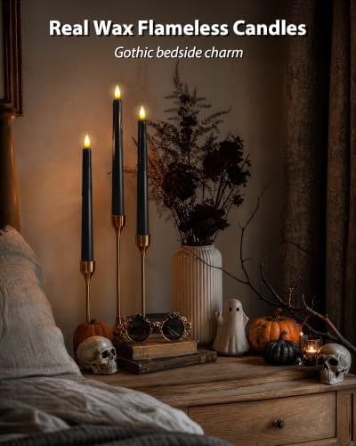 6 PCS Black Flameless Taper Candles with Remote and Timer, Real Wax LED Candlesticks with 3D Wick Light, 9.6 Inches Wax Drip Fake Candles for Halloween Party Home Decor - Image 3