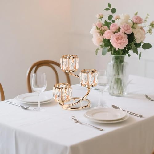 Metal 3 Arm Crystal Candle Holder - Tea Light Centerpiece Candle Holder, Votive Holder with Sparkling Crystal Bowl, Suitable for Wedding, Table Centerpiece, Home Decor (1, 3 arm-Gold) - Image 6