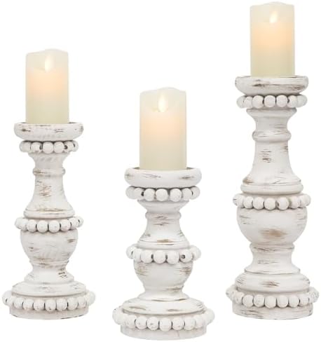 Farmhouse Large Candle Holders for Pillar Candles, Rustic Wooden Beaded Candle Holder, Perfect for Table Centerpieces, Coffee Table or Fireplace Mantel, 3 Piece Set (White) by JUMBO+DECOR