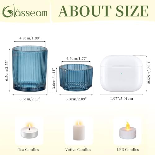 Glasseam Glass Votive Candle Holders, 8Pcs Ribbed Blue Tealight for Wedding - Image 5