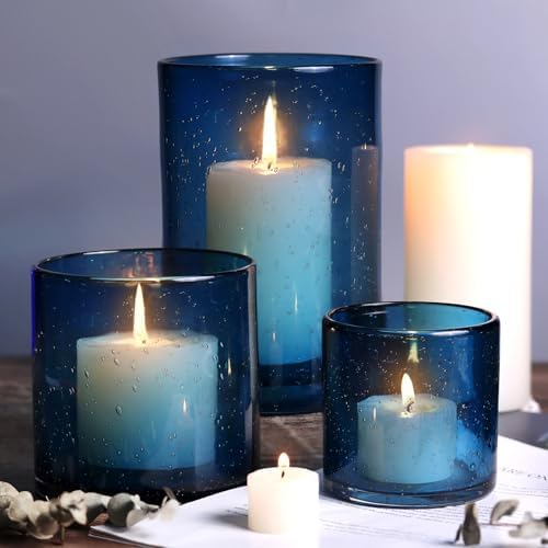 Hurricane Candle Holder Set of 3 Blue Candle Holders for Pillar Candles, Seeded Bubbles Glass Candle Holder, Blue Glass Cylinder Vases for Table Centerpieces, Home, Patio and Wedding 8" 4.7" 3.5" by NITIME