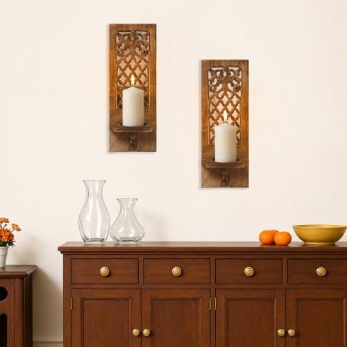 Wooden Wall Candle Sconces with Mirror, Pack of 2-16 Inch Handcrafted Rustic Carved Jharokha Style Décor, for Farmhouse, Vintage, Halloween & Festive Home Decoration - Burnt Finish - Image 2