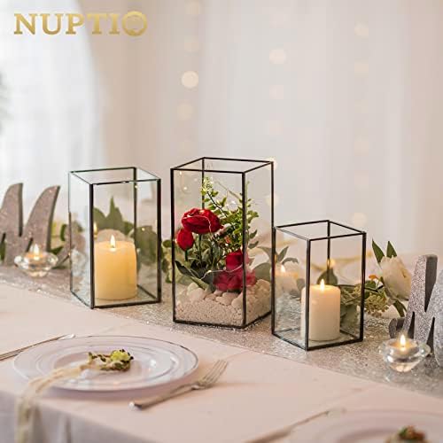 Nuptio Glass Candle Holders Hurricane Holder for Pillar Candles 18 Pcs Black Metal Candle Holders Large Rectangular Candleholder Vase Centerpieces Decoration for Wedding Party 9.5 & 8.1 & 6.5 inch - Image 3