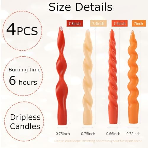 4 Pack Twisted Taper Candles Unscented Dripless Spiral Candlesticks Smokeless Swirl Wax Colorful Decorative Candle Sticks for Wedding Dinner Party Home Decor (Sunset Red Orange, 7.8 inch) - Image 2
