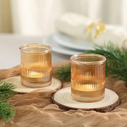 NITIME 32pcs Ribbed Gold Votive Candle Holders for Wedding Table Decor, Tea Light Candle Holder Glass, Gold Candle Holders for Table Centerpiece, Diwali and Holiday Decorations - Image 4