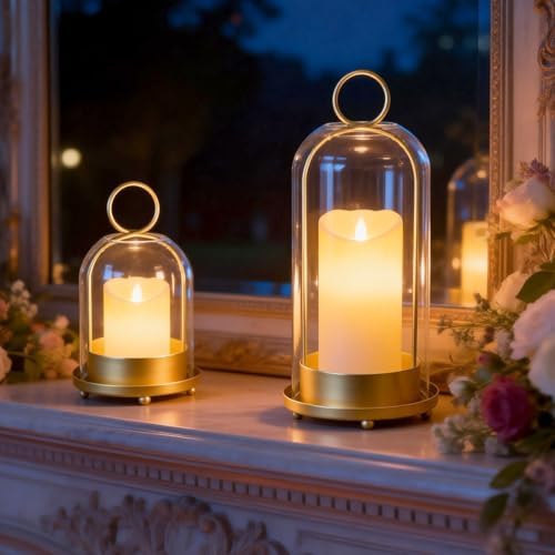 Fohil 5" & 4" Hurricane Glass Candle Holders, Set of 2 Metal Candle Holder with Handmade Sturdy Glass Dome, Candle Lantern for Pillar Candles, Plants, Table Centerpiece, Home Decor - Image 2