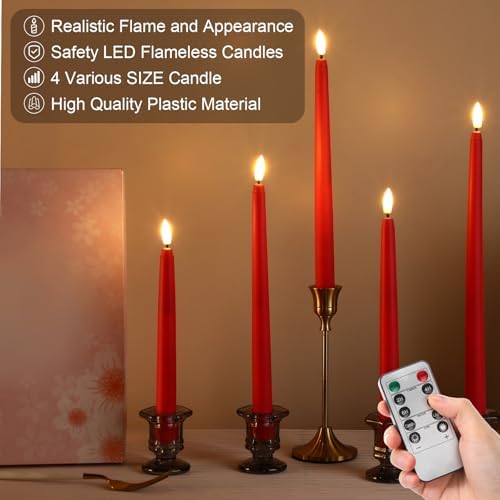 Rossesay 16 Pcs Red Flameless Taper Candle with Remote Timer - Image 2