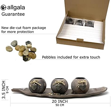 allgala Wooden Candle Holder Tray 3 Ball Orbs Set Tealight Candle Holder Centerpiece with Pebbles on Leaf Tray for Coffee Table Dining Table Accents Bowl for Living Room Décor-Brown-HD90401 - Image 2