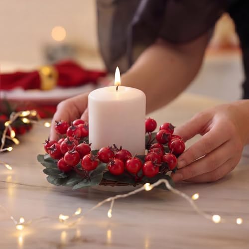 Daifunli 2 Pcs Christmas Red Berry with Leaf Candle Ring Artificial Berry Bell Wreaths for Pillar 2.25 Inch Candles Holder for Winter Christmas Country Wedding Kitchen Table Centerpiece Decor - Image 4