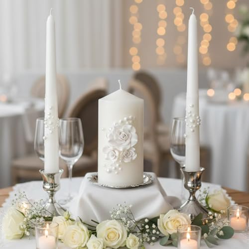 Irenare Unity Candles for Wedding Ceremony with Holder,Ceramic Flowers by Irenare