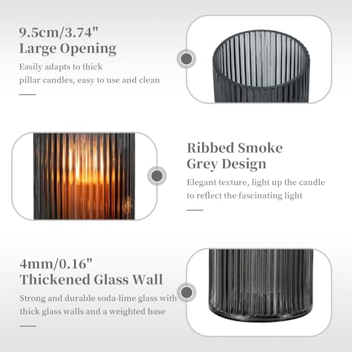 Glasseam Hurricane Glass Candle Holders: 2 Pcs Ribbed Cylinder Grey Vases - Image 5