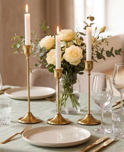 Gold Candlestick Holders Set of 3 Weighted Stable Base - Image 2
