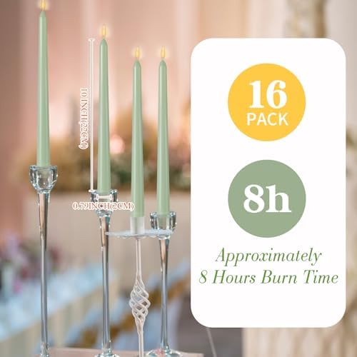 MTLEE 16 Pcs 10 Inch Taper Candle Sticks Smokeless Unscented, Pea Green - Image 2
