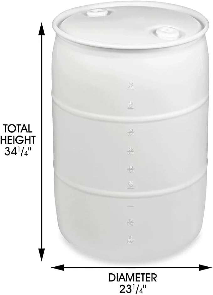 55 Gallon Water Storage Barrel, BPA Free, Emergency Water Supply - Eco Friendly - Made in USA (WHITE)