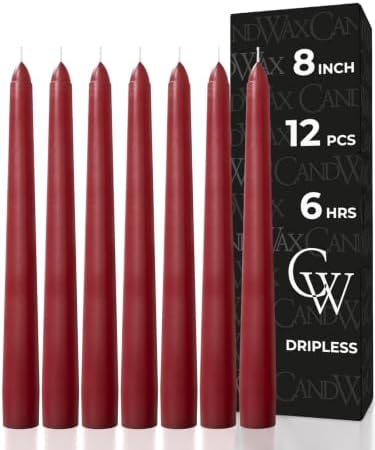 CANDWAX 8 Inch Taper Candles Burgundy Decor Unscented Candle Sticks 12 Pack by CANDWAX