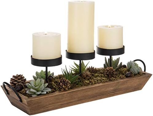 MyGift 3-Pillar Black Metal Candle Holder with Rustic Wood Tray and Handles, Tabletop/Mantel Centerpiece by MyGiftHome