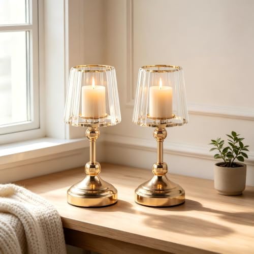 2 Pcs Crystal Candle Holders 11" Gold Hurricane Centerpieces for Wedding by GUYARO