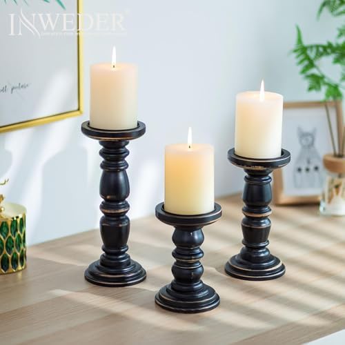 Wood Pillar Candle Holder: Rustic Distressed Black Candle Stand - Image 3