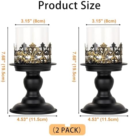 2 PCS Hurricane Candle Holder with Glass Sleeve, Gothic Metal Vintage Candle Holders, Large Table Centerpieces Candle Stand for Weddings and Events, Black, L+L - Image 2