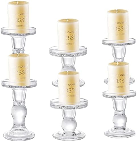 Okllen Set of 6 Glass Candle Holders, Clear Pillar Taper Candlestick Crystal Tealight Candle Holder Stand for Dinner Table, Wedding Centerpieces, Living Room, Home Decor by Okllen
