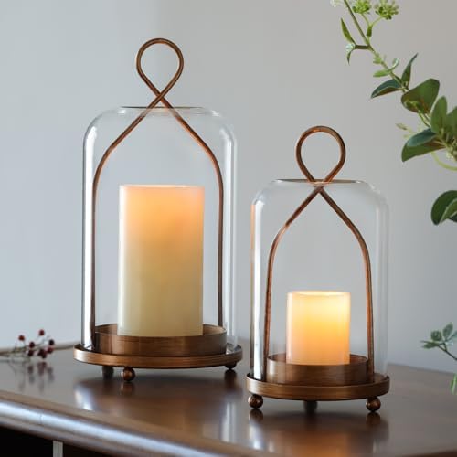 Hurricane Glass Candle Holders, Modern Farmhouse Coffee Table Decorations, Candle Holders for Pillar Candles Set of 2, Decorative Candle Lanterns, Antique Large Candle Holder for Gifts by DEVI