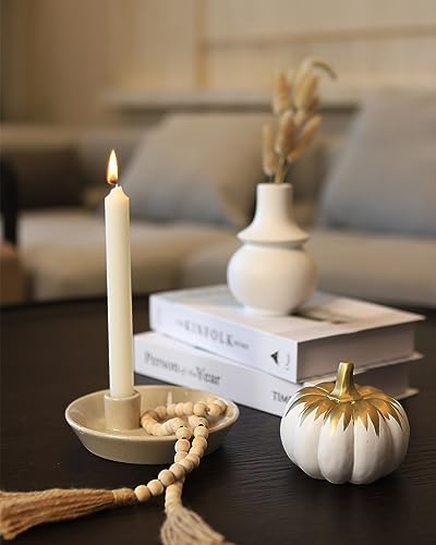DN DECONATION Ceramic Candle Holder, Boho Candlestick Holder with Round Plate for Taper Candles, Unique Farmhouse Porcelain Candle Stick Holder for Meditation/Yoga Room Home Wedding Decor(Gray) - Image 4