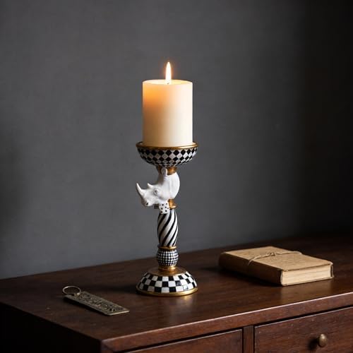 Checkered Animal Candle Holders, Resin Black White Checkered Tiger Head Candlestick Holders, Cute Black-and-White Pillar Candle Stand Home Decorations (Rhinoceros) - Image 2