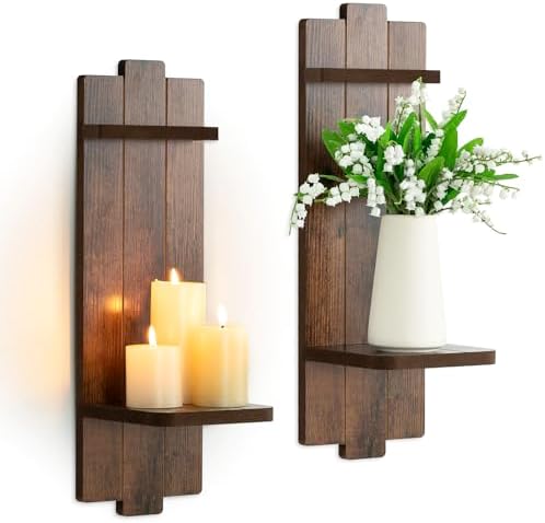 Large Wall Candle Sconces Set of 2: Wood Shelf Distressed Brown by Walasis