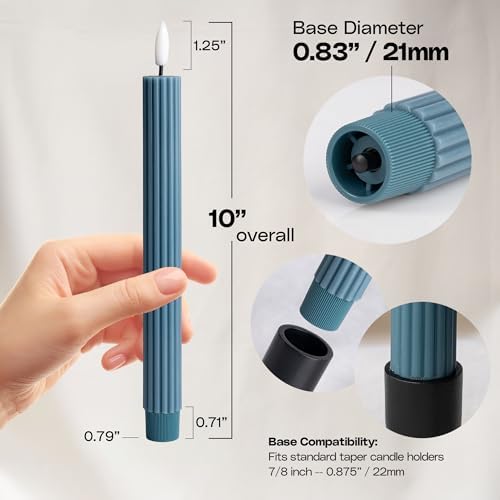 6 Pack, 10" LED Flameless Real Wax Blue Fluted Ribbed Grooved Taper Candles, Remote & 24h Timer Memory, On/Off Button, Dimmable, Flicker Mode, Battery Operated, Wedding - Image 4